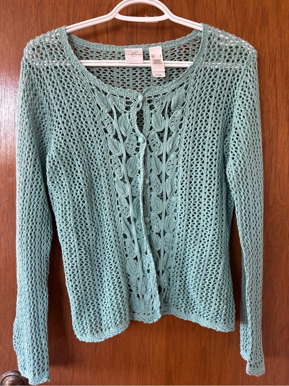 100% Linen-Cotton Blend Sea Foam Green Crochet Cardigan